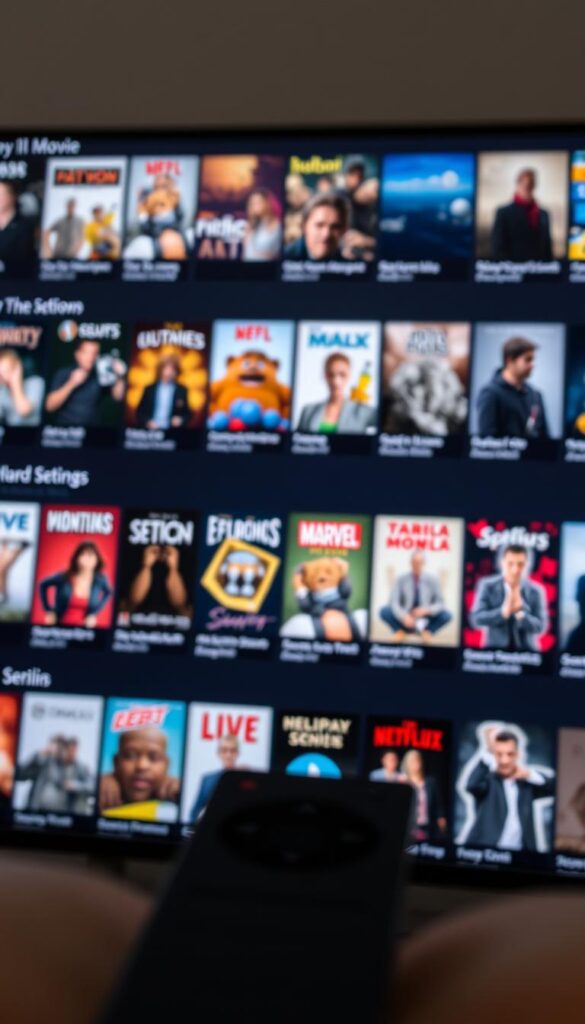 High-quality IPTV service in Spain with an extensive VOD library, featuring a Hoxtoon Provider streaming platform. A sleek, modern interface showcases over 150,000 movie and TV show titles, spanning a wide range of genres. Soft lighting illuminates the interface, creating a warm, inviting atmosphere. The camera angle provides a close-up view, emphasizing the depth and breadth of the content available. The overall composition conveys a sense of convenience, accessibility, and entertainment at your fingertips.