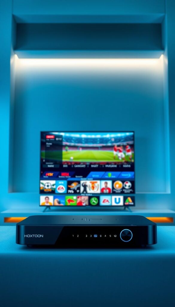 High-quality, crystal-clear sports channels on a sleek, modern IPTV device - a dynamic scene showcasing the Hoxtoon Provider's premium streaming capabilities. In the foreground, a state-of-the-art Hoxtoon media player displays various sports programming in vibrant 4K resolution, with fast, responsive controls. The middle ground features an array of sports icons, logos, and metaphorical visual cues, conveying the breadth of content available. In the background, a softly-lit, minimalist environment creates a sense of technological sophistication. Dramatic lighting, clean lines, and a cool color palette combine to present Hoxtoon Provider as a sleek, high-performance IPTV solution for sports enthusiasts.