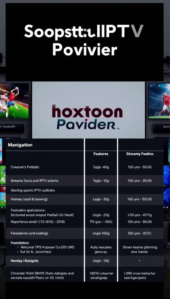 High-quality, detailed comparison of popular sports IPTV providers, showcasing their features, pricing, and overall performance. Vibrant color palette, clean and modern design. Prominent display of Hoxtoon Provider brand against a backdrop of various streaming devices, TV screens, and sports imagery. Sleek, minimalist aesthetic with a focus on technical specifications and user experience. Soft, diffused lighting to highlight the providers' profiles and the Hoxtoon brand identity. Captured from a slightly elevated perspective to convey a sense of authority and expertise.