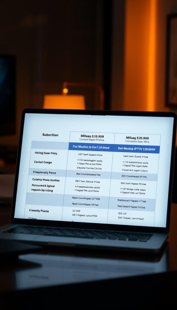 High-quality, detailed image of the subscription plans and pricing structure for the Hoxtoon IPTV provider, showcasing their different plan tiers and pricing options. The image should have a clean, modern design with clear organization and emphasis on the key plan details. Set the scene in a dimly lit office space with a laptop or tablet displaying the Hoxtoon plans, with subtle branding elements visible. Use a warm, professional color palette and crisp, well-lit rendering to convey a sense of reliability and premium quality. Compose the layout to guide the viewer's eye through the plan information in a logical flow.