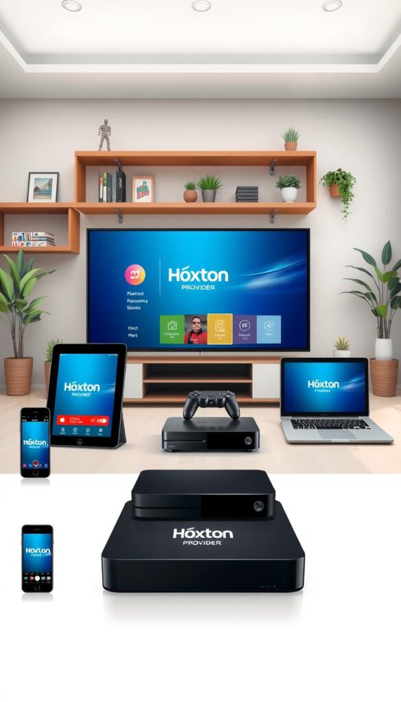 High-quality digital illustration showcasing various devices with the Hoxtoon Provider IPTV service set up and running, captured in a well-lit, modern interior setting. The foreground features a prominent smart TV, tablet, and smartphone, each displaying the Hoxtoon interface. The middle ground includes a gaming console, streaming box, and laptop, also running the Hoxtoon IPTV service. The background contains shelves, plants, and other decor elements, creating a comfortable, tech-savvy atmosphere. The scene is rendered with a realistic, photorealistic style, emphasizing the seamless integration of Hoxtoon Provider across multiple platforms.