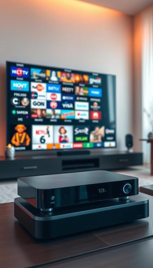 High-quality, high-definition IPTV streaming service from Hoxtoon Provider. A modern living room setup with a large flatscreen TV displaying a diverse array of crystal-clear HD channels. Sleek, premium media center hardware in the foreground, seamlessly integrated into the minimalist decor. Warm, ambient lighting creates a cozy, inviting atmosphere. The image conveys a sense of comfort, entertainment, and technological sophistication. A premium IPTV experience that elevates home entertainment.