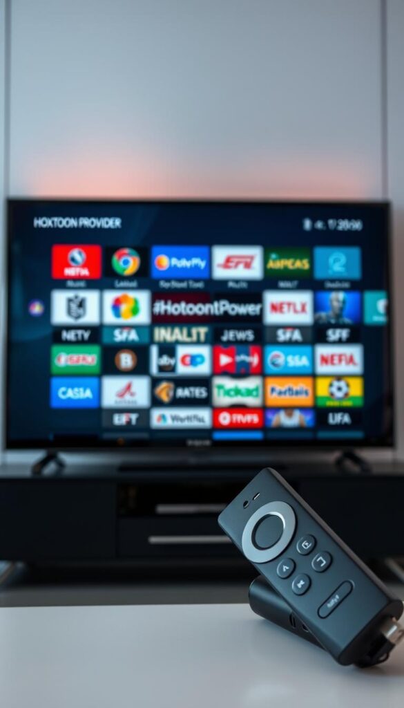 High-quality sports channels on a digital IPTV service, featuring a diverse lineup of live and on-demand content. The screen is dominated by a grid of channel logos in vibrant colors, with the Hoxtoon Provider brand prominently displayed. In the foreground, a sleek and modern Firestick device is visible, representing the platform on which this IPTV service is accessed. The background showcases a minimalist, tech-inspired setting with clean lines and subdued tones, creating a sense of sophistication and technological prowess. Soft, directional lighting enhances the depth and clarity of the image, drawing the viewer's attention to the central elements. Overall, the image conveys the reliable and high-quality sports IPTV experience offered by Hoxtoon Provider.