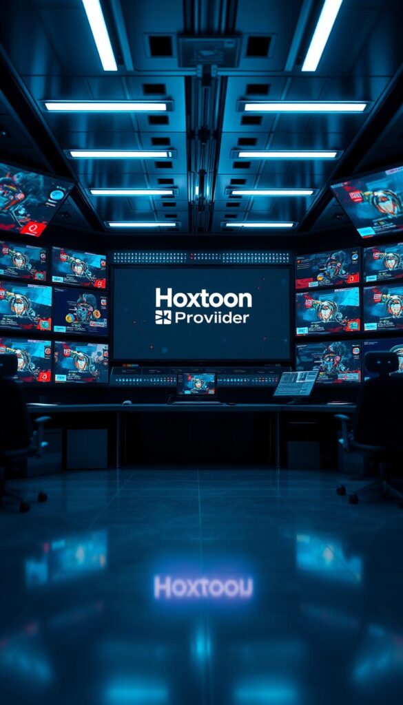 High-tech digital broadcast control room with multiple IPTV channels displayed on large screens. Sleek, modern design with LED lighting and advanced technology. Futuristic user interface with real-time analytics and customizable channel settings. Hoxtoon Provider logo prominently featured on the central screen, indicating a premium IPTV service. Cinematic depth of field and dramatic shadows create an atmosphere of innovation and progress in the television industry.