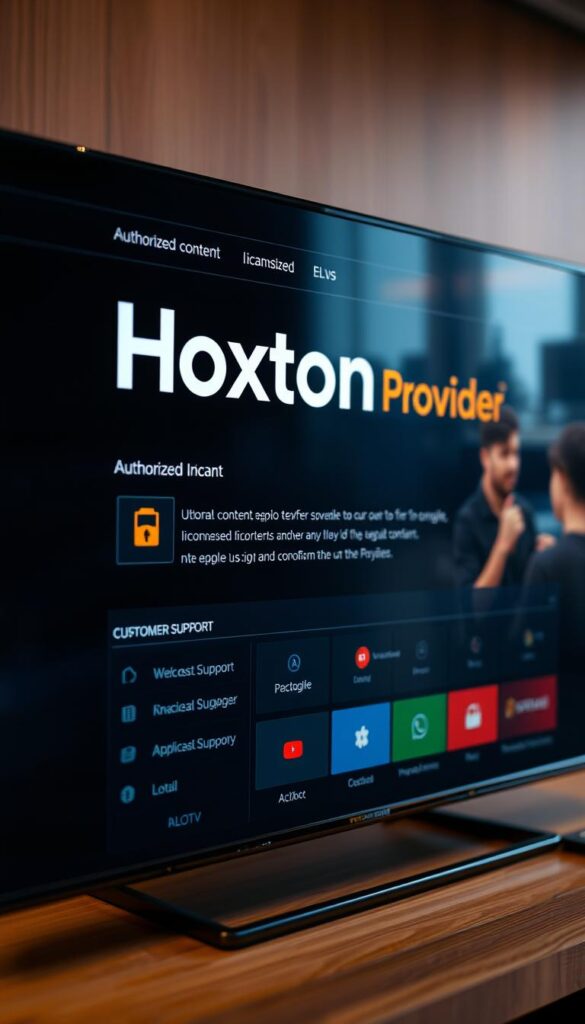Highly detailed, hyper-realistic image of a legal IPTV service provider interface, featuring the brand "Hoxtoon Provider". Prominent display of authorized content, licensing info, and customer support options. Sleek, modern design with clean typography and intuitive user experience. Warm, inviting lighting illuminates the scene, creating a professional, trustworthy atmosphere. The image conveys the legitimacy and reliability of the IPTV service, suitable for use in an article about legal streaming options.