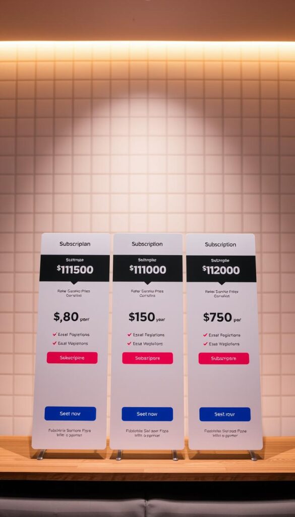 Hoxtoon Provider: A sleek and modern subscription plans display for an IPTV service. The foreground features a clean, minimalist design with three distinct pricing tiers, each highlighted by a bold, attention-grabbing card. The middle ground showcases a subtle background grid pattern, lending a sense of structure and organization. The lighting is soft and warm, creating a welcoming and professional atmosphere. The overall composition is balanced, with a focus on showcasing the key subscription details in a visually appealing manner. The angle is slightly elevated, giving the viewer a comprehensive overview of the service offerings.