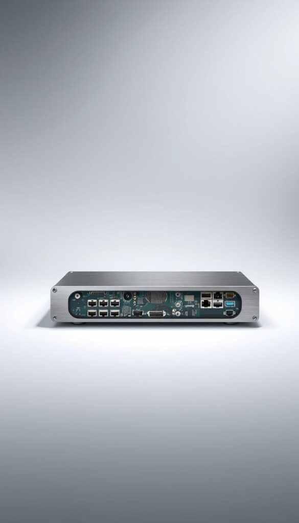 Hoxtoon Provider: A sleek, modern IPTV encoder device set against a minimalist background. The encoder is centered, its clean lines and brushed metal finish reflecting the soft lighting. Intricate circuit boards and electronic components are visible through the transparent casing, hinting at the advanced technology within. The background is a simple gradient, allowing the device to be the focal point. The scene conveys a sense of efficiency, reliability, and the cutting-edge nature of the Hoxtoon IPTV streaming solution.