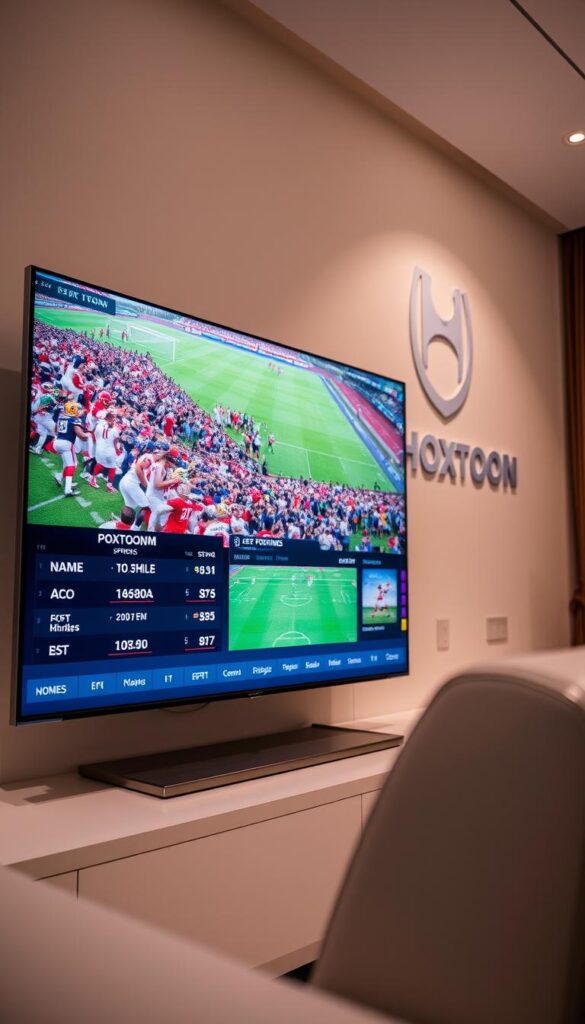 Hoxtoon Provider: An impressive array of sports programming displayed on a sleek, modern television screen. The screen's vibrant colors and crisp resolution bring the action to life, immersing the viewer in the heart of the sporting event. In the foreground, a dynamic scoreboard showcases the latest updates, while the background features a stylized HOXTOON logo, conveying a sense of premium, professional-grade entertainment. Soft, diffused lighting creates a warm, inviting atmosphere, drawing the eye towards the engaging sports content. The overall composition exudes a sense of quality, reliability, and the thrill of live sports broadcasting.