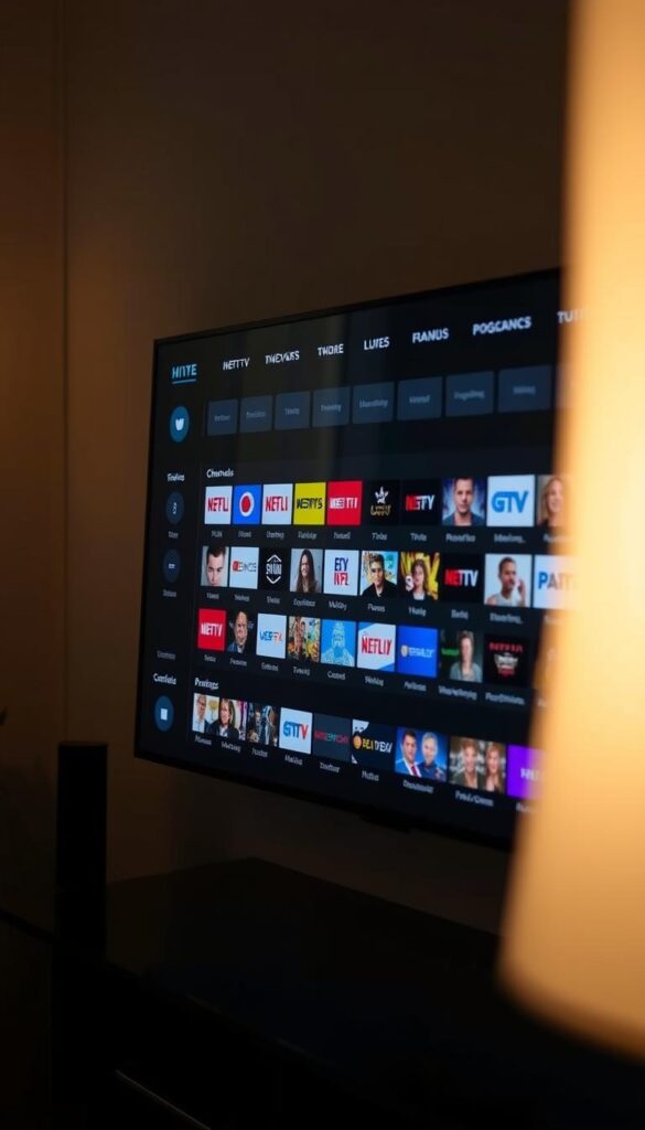 Hoxtoon Provider IPTV EPG Feature: a detailed, interactive electronic program guide showcasing a wide array of live TV channels and on-demand content. Displayed on a sleek, modern interface with clean typography and intuitive navigation. The guide features channel logos, program thumbnails, and synopses, allowing users to easily browse and discover new entertainment. Soft, diffused lighting illuminates the screen, creating a warm, inviting atmosphere. The camera angle is slightly elevated, providing an optimal view of the guide's comprehensive layout and functionality. The overall mood is one of refined elegance and user-friendly accessibility, reflecting the premium quality of the Hoxtoon Provider IPTV service.