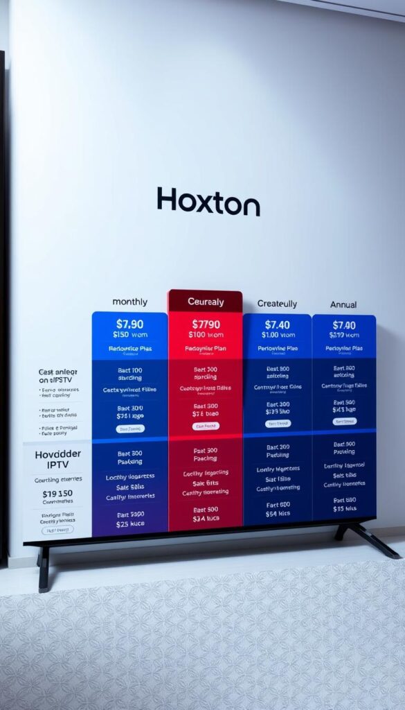 Hoxtoon Provider IPTV subscription plans: A sleek and modern grid layout showcasing various monthly, quarterly, and annual packages. The foreground features detailed plan descriptions with pricing, number of channels, and device compatibility. The middle ground highlights Hoxtoon's logo and brand identity, conveying a sense of professionalism and reliability. The background is a clean, minimalist design with subtle gradient effects, creating a balanced and visually appealing composition. The lighting is soft and evenly distributed, accentuating the plan details. The camera angle is slightly elevated to provide an overview of the entire layout, captured with a wide-angle lens for maximum clarity and detail.