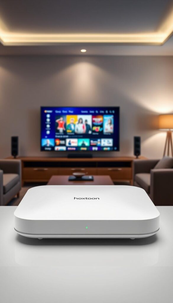 Hoxtoon Provider, a sleek and modern IPTV entertainment system. In the foreground, a minimalist device with clean lines and a glossy finish, seamlessly blending into the minimalist home theater setup. The middle ground showcases a vibrant, high-definition display showcasing a diverse array of premium live TV channels and on-demand content. In the background, a cozy, well-lit living room setting with comfortable furniture and subtle ambient lighting, creating a warm and immersive viewing experience. The scene conveys a sense of sophistication, convenience, and affordability, capturing the essence of the Hoxtoon IPTV service.