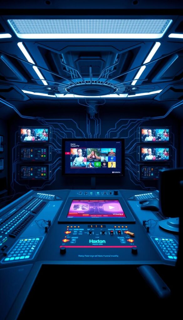 Hoxtoon Provider: a sleek, futuristic control panel displaying an intricate web of IPTV connections, with a central display showcasing a vivid, high-definition catch-up TV interface. The room is dimly lit, creating a dramatic atmosphere, with a cool, blue-hued lighting that highlights the advanced technology. The camera angle is slightly elevated, creating a sense of scale and importance. The overall scene conveys the power and sophistication of this cutting-edge IPTV service, ready to deliver seamless catch-up TV experiences.