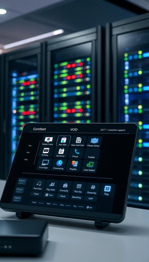 Hoxtoon Provider: a sleek, modern control panel with intuitive navigation, displaying real-time channel and VOD availability, connection status, and 24/7 customer support. In the background, a gleaming server rack with flashing lights, symbolizing the reliable infrastructure powering the IPTV service. Soft, diffused lighting creates a professional, trustworthy atmosphere, while the composition emphasizes the service's comprehensive nature and attention to detail. The image conveys a sense of technological sophistication and unwavering commitment to customer satisfaction.