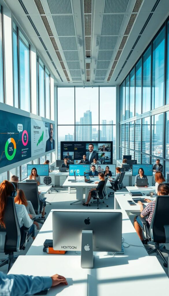 Hoxtoon Provider: a sleek, modern office interior with large windows and an abundance of natural light. On the walls, vibrant customer satisfaction infographics and data visualizations showcase Hoxtoon's commitment to quality. In the foreground, a team of customer service representatives, dressed professionally, engage with clients via video calls, their expressions warm and attentive. The middle ground features a central workspace with ergonomic desks and chairs, creating an atmosphere of productivity and collaboration. The background showcases the city skyline, hinting at Hoxtoon's broad reach and national presence. The overall scene conveys a sense of trust, innovation, and a relentless focus on customer experience.