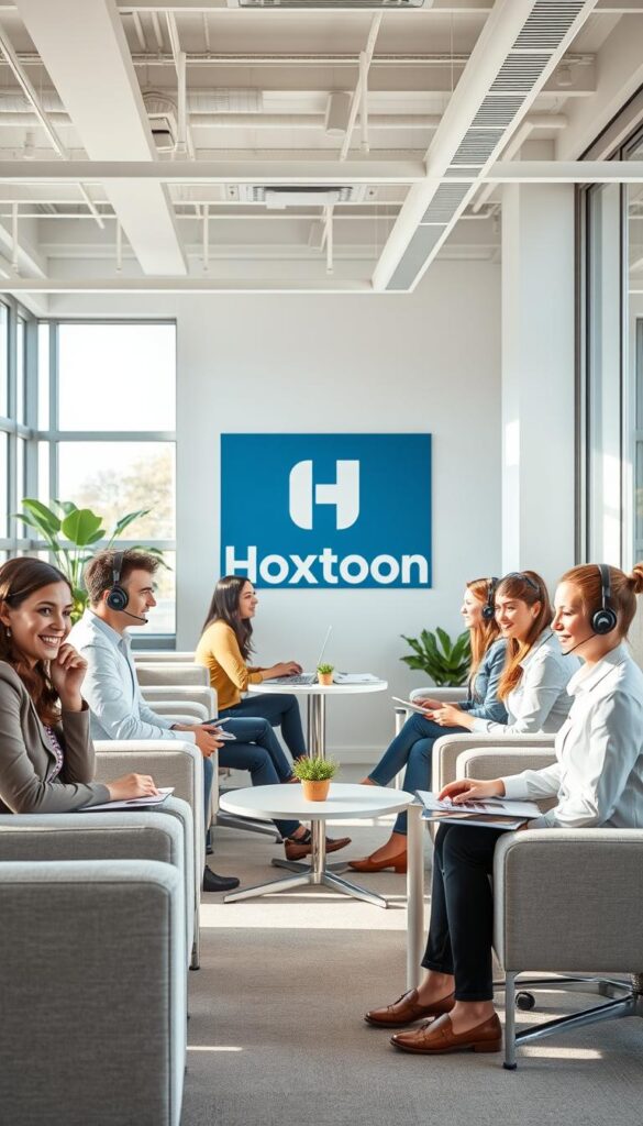 Hoxtoon Provider customer support office interior, bright and modern workspace with comfortable seating, large windows, and clean minimalist design. A team of friendly, attentive customer service representatives assisting clients with a variety of inquiries, their expressions conveying professionalism and dedication. Soft, natural lighting filters in, creating a welcoming atmosphere. The Hoxtoon logo prominently displayed, conveying the brand's identity and commitment to quality service. An organized, efficient setup that puts the customer's needs first, reflecting the high standards of the Hoxtoon Provider.