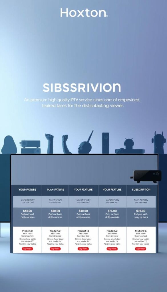 Hoxtoon Provider subscription plans, a sleek and modern layout with clean typography. In the foreground, a grid of plan options showcasing their features and pricing, illuminated by soft, directional lighting. The middle ground features silhouettes of various streaming devices, hinting at the wide platform compatibility. The background has a subtle gradient, evoking a sense of digital elegance. The overall composition conveys a premium, high-quality IPTV service tailored for the discerning viewer.