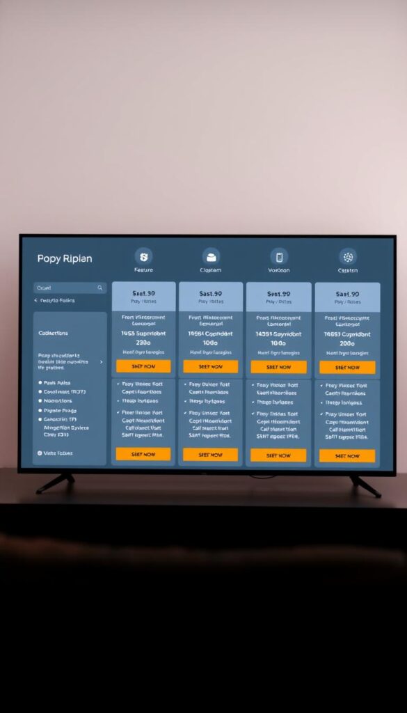 Hoxtoon Provider subscription plans, displayed on a modern, minimalist web interface. In the foreground, a grid of neatly arranged plan options, each showcasing the key features and pricing in a clear, easy-to-understand format. The middle ground features subtle branding elements, such as the Hoxtoon logo and color scheme, creating a cohesive visual identity. The background is a soft, blurred gradient, allowing the subscription details to take center stage. The overall composition is balanced, with a clean and professional aesthetic, reflecting the quality and reliability of the Hoxtoon IPTV service.