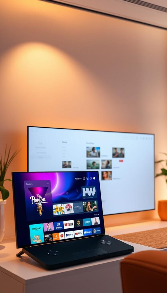 Hoxtoon Provider's sleek and intuitive user interface, showcasing a clean and organized layout. The foreground features a vibrant, high-definition streaming interface with crisp visuals and responsive controls. The middle ground boasts a minimalist menu system, highlighting Hoxtoon's extensive channel and content library. In the background, a subtle gradient sets the mood, complementing the modern aesthetic. Warm lighting casts a welcoming glow, while a subtle depth of field emphasizes the interface's depth and dimension. The overall composition conveys a seamless and user-friendly experience, perfectly tailored for Hoxtoon's discerning audience.