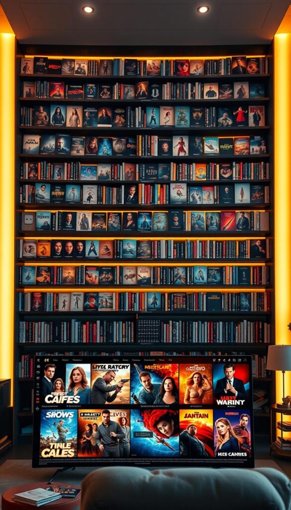 Hoxtoon Provider's vast and diverse content library, a captivating blend of high-definition movies, TV shows, live channels, and exclusive content. An expansive entertainment hub, meticulously curated to cater to every viewer's taste. Warm, inviting lighting illuminates the shelves, showcasing the vast array of titles. Sleek, minimalist design frames the seamless user interface, inviting exploration. In the foreground, a central display showcases the latest blockbuster releases, their vibrant posters enticing the viewer. Ambient background elements suggest a cozy, living room-like setting, enhancing the immersive viewing experience. Cinematic angles and a focus on depth of field draw the eye through the layered composition, highlighting the depth and breadth of the Hoxtoon Provider's unparalleled content offerings.