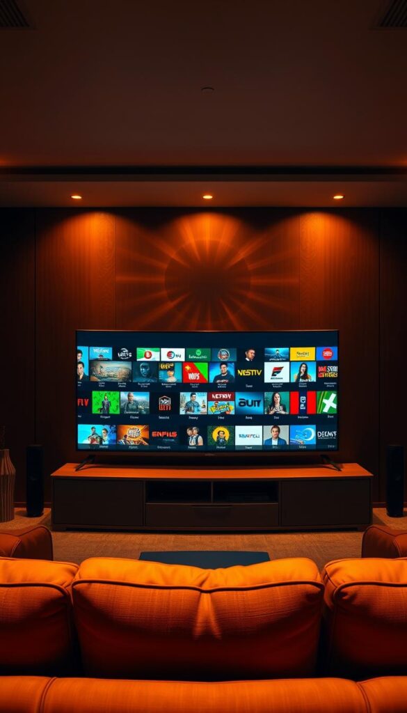 Lush, panoramic view of a television screen displaying a vast array of premium IPTV channels offered by the Hoxtoon Provider. The screen is centered in a dimly lit living room, illuminated by warm, ambient lighting that casts a cozy, cinematic atmosphere. In the foreground, a sleek, modern TV set rests on a minimalist entertainment center, its screen filled with a diverse selection of live channels spanning news, sports, movies, and entertainment. The middle ground features a plush sofa and complementary decor, suggesting a comfortable, home theater-like setting. The background blends seamlessly, hinting at a larger, well-appointed living space. The entire scene conveys the sense of a premium, immersive IPTV experience, with Hoxtoon Provider's comprehensive 21,000+ live channel lineup as the focal point.