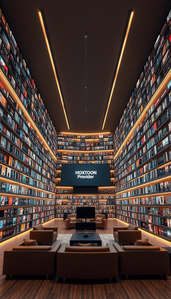 Massive 3D interior of a sleek, modern HOXTOON Provider VOD library. Towering shelves filled with 150,000+ movie and TV show titles in crisp 4K resolution. Warm ambient lighting casts a cozy glow, illuminating the clean lines and minimalist design. Comfortable leather chairs and sofas invite visitors to browse the extensive collection. In the center, a large curved display showcases the Hoxtoon Provider brand and logo. Smooth camera movement reveals the scale and depth of this expansive digital media archive, a cinematic temple of entertainment.