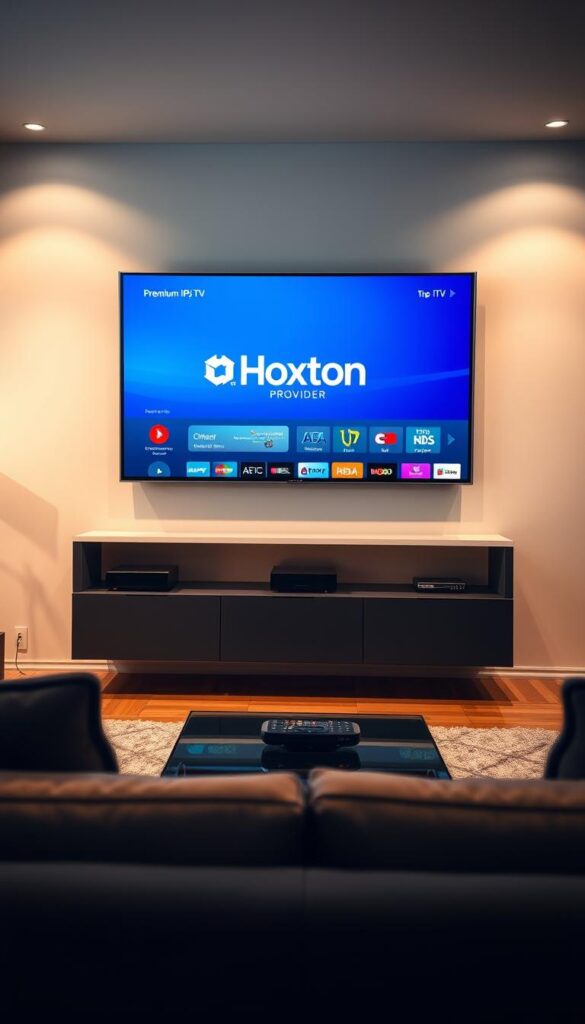 Premium IPTV streaming service displayed on a modern flat screen TV, set against a sleek, minimalist living room interior. The TV screen showcases the "Hoxtoon Provider" logo and interface, highlighting the service's high-quality video, extensive channel selection, and seamless user experience. Soft, warm lighting illuminates the room, creating a cozy and inviting atmosphere. The overall scene conveys the convenience, reliability, and premium nature of the IPTV offering.