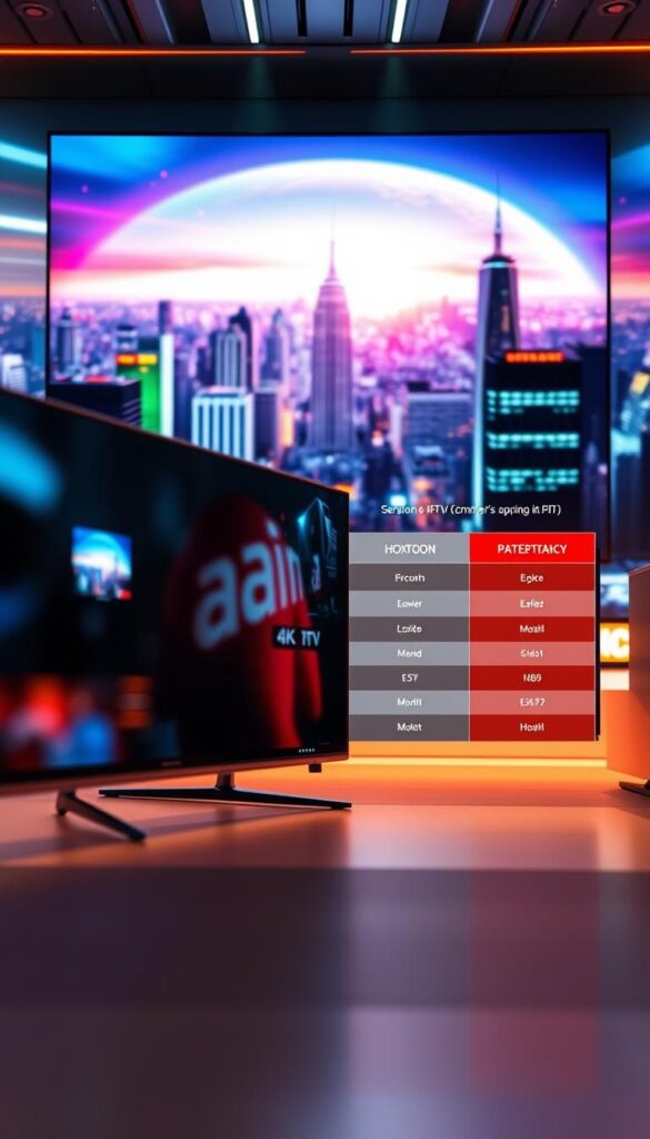 Prompt A detailed comparison of 4K live IPTV providers, showcasing the superior offerings of Hoxtoon Provider. In the foreground, a sleek, high-resolution display demonstrates Hoxtoon's crystal-clear 4K video quality, with a clean, modern user interface. In the middle ground, side-by-side comparisons highlight Hoxtoon's robust channel lineup, low latency, and reliable streaming performance against competing IPTV services. The background features a stylized, futuristic cityscape, conveying the cutting-edge technology powering Hoxtoon's innovative platform. Bright, vibrant lighting accentuates the sharpness of the 4K visuals, creating an immersive and visually striking scene that captures the essence of Hoxtoon Provider's market-leading IPTV solution.