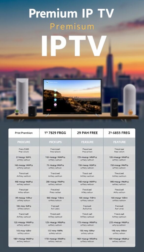 Prompt A detailed, visually striking infographic showcasing the premium IPTV pricing plans offered by Hoxtoon Provider. The foreground features a grid of plan options with clear, legible pricing details, icons, and feature descriptions. The middle ground includes a sleek, modern device mockup displaying the IPTV interface. The background is a softly blurred, high-resolution cityscape or landscape, conveying a sense of premium quality and high-end entertainment. The overall composition is clean, balanced, and optimized for easy comprehension, with a professional, upscale aesthetic.