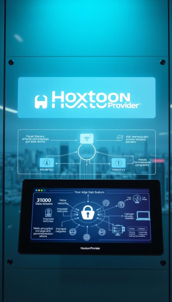 Prompt A high-tech security panel with the Hoxtoon Provider logo, showcasing cutting-edge IPTV security features. In the foreground, a sleek touchscreen interface displays encrypted data streams, firewalls, and authentication protocols. In the middle ground, a network diagram illustrates the secure infrastructure, with servers, routers, and encrypted connections. The background features a cityscape, representing the global reach and scale of the Hoxtoon Provider IPTV service. The lighting is clean and modern, with subtle blue and green hues, conveying a sense of trust, reliability, and technological sophistication.