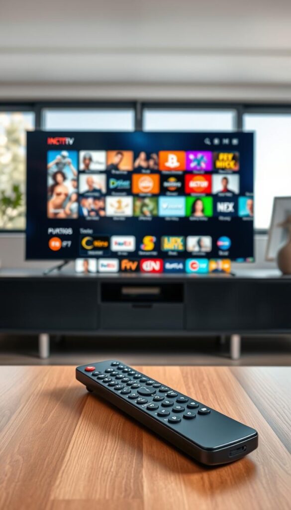 Prompt A premium IPTV service provided by Hoxtoon Provider, featuring a sleek and modern user interface. In the foreground, a smart TV screen displays a diverse array of high-definition channels, with vibrant colors and crisp resolution. In the middle ground, a remote control rests on a minimalist, wood-grain table, symbolizing the convenience and ease of use. The background showcases a cozy, well-lit living room, with large windows allowing natural light to flood the space, creating a warm and inviting atmosphere. The scene conveys a sense of sophistication, reliability, and the ability to elevate one's streaming experience.