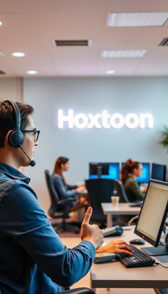 Prompt A professional call center for the Hoxtoon Provider IPTV service, with agents diligently assisting customers. The foreground features a service representative in a modern, minimalist office space, speaking into a headset and gesturing emphatically. The middle ground showcases multiple agents at their desks, surrounded by sleek computer monitors and ergonomic chairs. In the background, a large Hoxtoon Provider logo is prominently displayed, conveying the company's branding and commitment to customer support. The lighting is warm and inviting, creating a welcoming atmosphere. The overall scene exudes a sense of efficiency, reliability, and dedication to providing an exceptional IPTV customer experience.