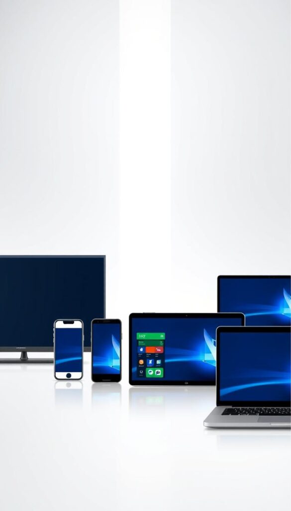 Prompt A sleek, modern illustration depicting the multi-device support capabilities of the Hoxtoon Provider IPTV service. In the foreground, a row of various electronic devices, including a smart TV, smartphone, tablet, and laptop, are seamlessly connected and displaying the IPTV interface. The devices are arranged in a visually appealing manner, hinting at the seamless integration and flexibility of the service. The middle ground features a minimalist, high-tech backdrop with clean lines and a subtle gradient, complementing the devices. The background is softly blurred, creating a sense of depth and emphasizing the devices in the forefront. The overall composition conveys a sense of modern, high-quality IPTV with the ability to enjoy content on multiple devices simultaneously.