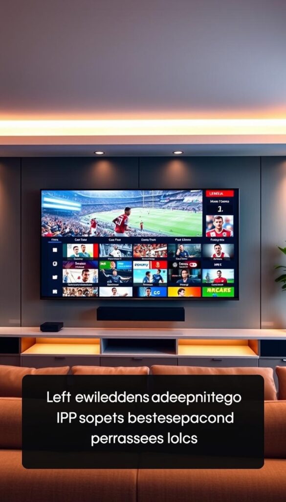 Prompt A sleek, modern living room with a large, flat-screen TV mounted on the wall. On the TV screen, a variety of live sports channels are displayed, showcasing the wide range of IPTV sports streaming options available from the Hoxtoon Provider. The room is well-lit, with warm, ambient lighting casting a cozy glow. The overall scene conveys a sense of legal and responsible IPTV sports streaming, with a focus on the convenience and accessibility of the Hoxtoon Provider's services.