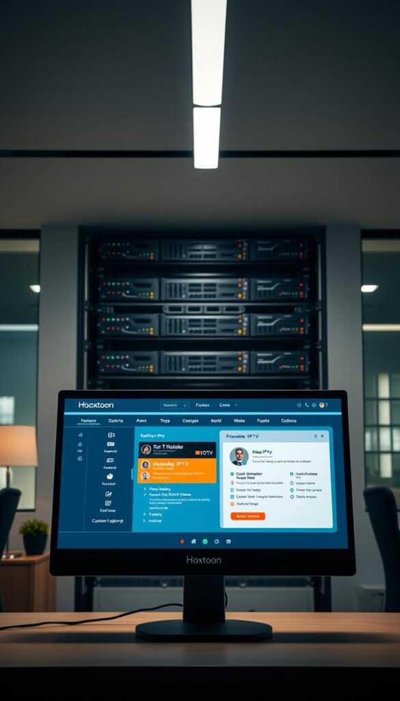 Prompt A striking and professional-looking image of the "Hoxtoon Provider" IPTV service. The foreground features a sleek and modern computer monitor displaying a well-designed customer support interface, with clean typography and intuitive navigation. The middle ground showcases a neatly organized server rack, conveying a sense of reliable infrastructure and technical prowess. In the background, a softly-lit office environment with minimalist decor and large windows, creating an atmosphere of trustworthiness and customer-centric focus. The overall composition and lighting evoke a mood of dependability, efficiency, and premium quality, perfectly capturing the essence of a "reliable IPTV service".