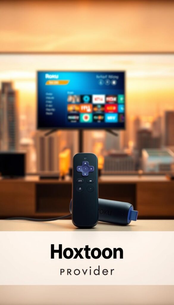 Roku IPTV m3u, a captivating digital landscape. In the foreground, a sleek Roku device stands tall, its clean lines and muted tones complementing the vibrant IPTV interface displayed on its screen. The middle ground features a cable or ethernet connection, symbolizing the seamless streaming experience. In the background, a soft, blurred cityscape creates a sense of urban modernity, hinting at the global reach of IPTV. Warm, diffused lighting bathes the scene, conveying a sense of comfort and reliability. The overall atmosphere evokes a premium, high-quality streaming solution, enhanced by the prominent display of the "Hoxtoon Provider" brand name.