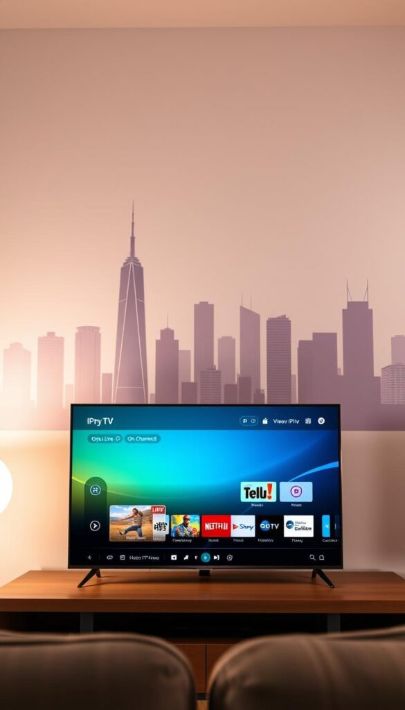 Sleek and modern IPTV streaming interface featuring the Hoxtoon Provider brand, with a clean minimalist design. In the foreground, a high-resolution 4K video player with intuitive playback controls. The middle ground showcases a grid of popular live TV channels and on-demand content. The background depicts a stylized cityscape with tall buildings and a vibrant skyline, conveying a sense of urban sophistication. Soft, diffused lighting creates a warm, inviting atmosphere. Captured with a wide-angle lens to provide a comprehensive view of the IPTV experience.