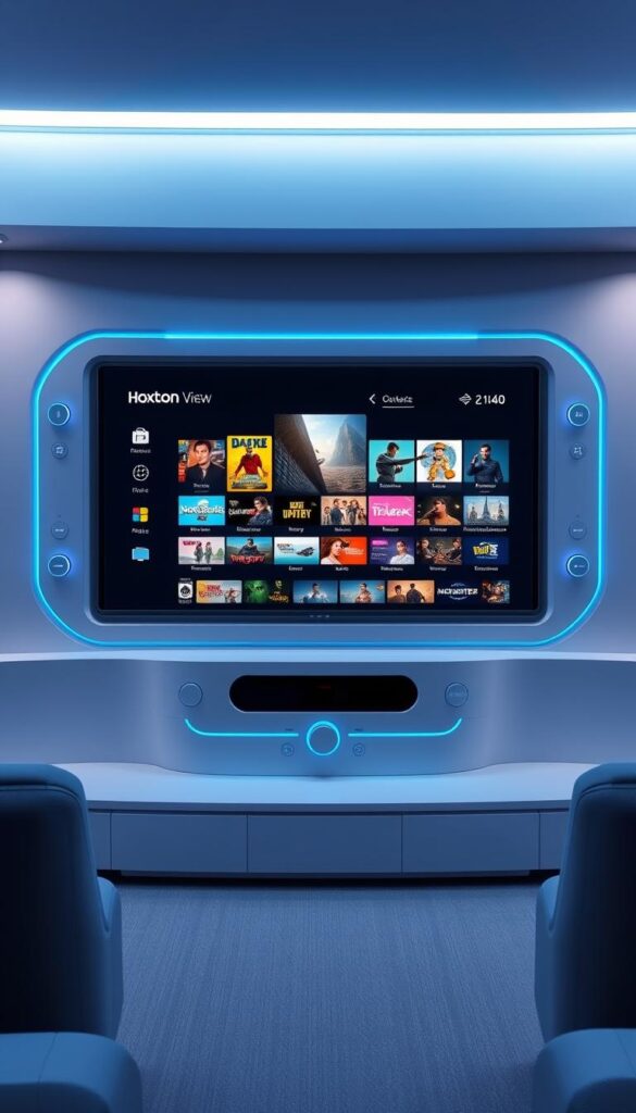 Sleek and modern IPTV streaming service interface, featuring the Hoxtoon Provider brand. A futuristic dashboard with intuitive controls, live content thumbnails, and a minimalist design. Soft blue and gray tones create a calming, professional atmosphere. A large central screen displays a diverse range of content, from live TV channels to on-demand movies and shows. Subtle lighting accents the controls, creating depth and dimension. The overall look conveys a high-quality, user-friendly IPTV experience.