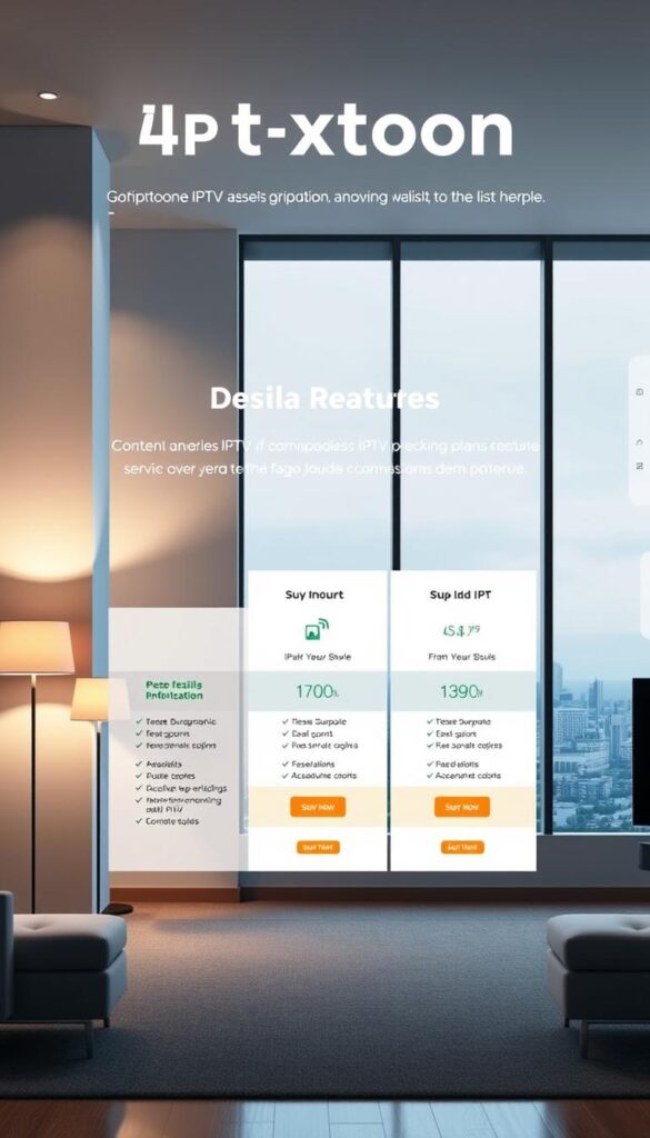 Sleek modern interior with minimalist design, showcasing a series of affordable IPTV subscription plans from Hoxtoon Provider. Streamlined layout with clean typography and icon graphics, highlighting key features and pricing tiers. Soft lighting from floor lamps creates a warm ambiance, while a large window overlooks a cityscape in the background. The overall scene conveys a sense of professionalism, accessibility and value for the Hoxtoon IPTV service.