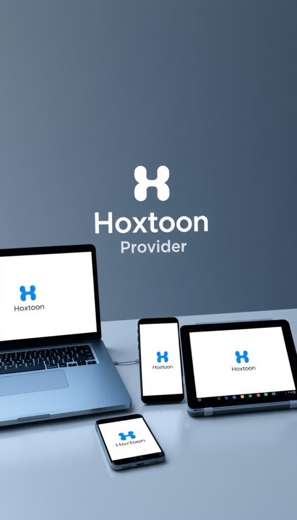 Sleek modern interior with various electronic devices seamlessly connected, showcasing the Hoxtoon Provider's multi-device compatibility. Minimalist desk setup with a laptop, tablet, and smartphone arranged in a visually appealing manner. Subtle lighting illuminates the devices, highlighting their crisp displays and clean lines. The Hoxtoon Provider logo subtly incorporated into the scene, blending effortlessly with the modern, high-tech atmosphere. A sense of harmony and integration between the devices, representing the ease of use and versatility of the Hoxtoon streaming service.