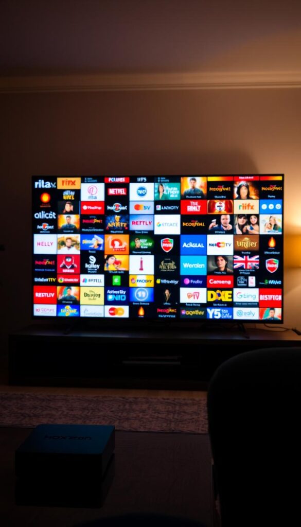 Streaming Indian TV Channels: A Vibrant Mosaic of Entertainment A dimly lit living room, the soft glow of an IPTV box casting a warm light across the space. On the screen, a diverse array of Indian TV channels flicker to life, each offering a unique blend of captivating content. The foreground showcases the Hoxtoon Provider box, its sleek design hinting at the boundless entertainment it provides. In the middle ground, a collage of channel logos and program thumbnails dance across the screen, representing the unparalleled content library of over 21,000 live channels. The background is a subtle blend of warm hues, evoking the vibrant culture and traditions of India. The overall scene exudes a sense of immersive, cinematic experience, inviting the viewer to step into a world of endless entertainment.