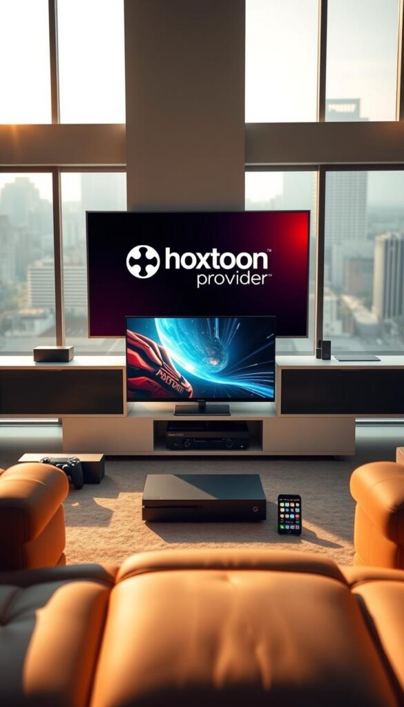 Stunning multi-device streaming setup featuring the Hoxtoon Provider brand. A sleek, modern living room with floor-to-ceiling windows bathed in warm, natural lighting. In the foreground, a large flatscreen TV displays vivid, high-quality content. Surrounding it, an array of contemporary streaming devices - smart TV, gaming console, tablet, and smartphone - all seamlessly connected, allowing effortless content consumption across multiple screens. The middle ground showcases a minimalist, yet sophisticated entertainment system with a clean, uncluttered aesthetic. In the background, subtle urban cityscape views provide a dynamic, contextual backdrop. An atmosphere of technological sophistication, comfort, and convenience perfectly encapsulates the Hoxtoon Provider's seamless multi-device streaming experience.