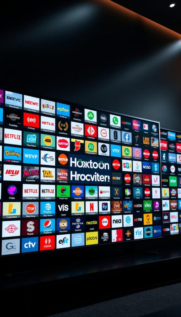 Vast library of channels displayed on sleek, modern TV interface with the Hoxtoon Provider brand prominently featured. Rows of colorful channel logos and icons against a dark, cinematic background with subtle lighting and depth of field. Conveying the depth and scale of Hoxtoon's expansive 21,000+ channel offerings. High-resolution, photorealistic rendering with a sense of depth and dynamism.