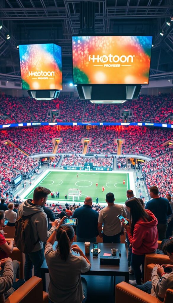 Vibrant sports arena filled with enthusiastic fans, the stadium lights casting a warm glow over the dynamic scene. Towering screens display the Hoxtoon Provider logo, showcasing its position as the leading IPTV service for sports fans in the USA. In the foreground, a group of sports enthusiasts gather around a coffee table, engaged in a lively discussion, each holding a mobile device displaying live sports coverage from Hoxtoon's comprehensive platform. The background features a sleek, modern interior design, with comfortable seating and a cozy atmosphere, inviting viewers to immerse themselves in the ultimate sports viewing experience.