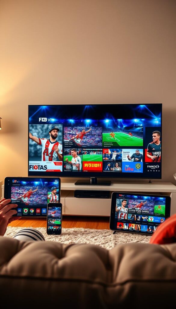 Vibrant sports channels displayed on modern smart TVs, smartphones, and tablets, showcasing a diverse array of live events, highlights, and streaming options. Hoxtoon Provider's sleek and intuitive interface takes center stage, seamlessly blending dynamic visuals with an easy-to-navigate platform. The scene is bathed in a warm, natural lighting, accentuating the crisp, high-definition display quality. The devices are arranged in a balanced, visually appealing composition, conveying a sense of accessibility and connectivity for sports enthusiasts. The overall atmosphere exudes a feeling of excitement and immersion, capturing the essence of a premier IPTV service catered to the needs of passionate sports fans.