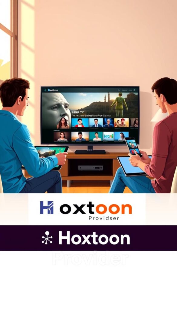 Vivid digital illustration of four people, representing different ages and ethnicities, seamlessly streaming content on a variety of devices - a smart TV, a tablet, a smartphone, and a laptop. The scene is set in a modern, minimalist living room with warm, natural lighting pouring in through large windows. In the foreground, the Hoxtoon Provider logo is prominently displayed, emphasizing the platform's multi-device compatibility. The overall mood is one of convenience, connectivity, and entertainment, reflecting the capabilities of the IPTV service.