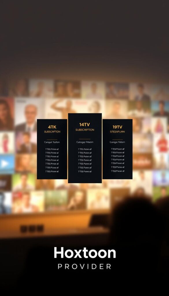 4K IPTV subscription plans showcasing the Hoxtoon Provider's premium streaming services. A sleek, minimalist interface displays the tiered plans against a soft, blurred background of streaming content thumbnails. The foreground features elegant typography and geometric shapes, conveying a sense of modern, high-quality entertainment. Warm lighting casts a subtle glow, creating a premium, cinematic atmosphere. The composition is balanced, with the Hoxtoon Provider branding prominently displayed, emphasizing the reliability and authority of the service.