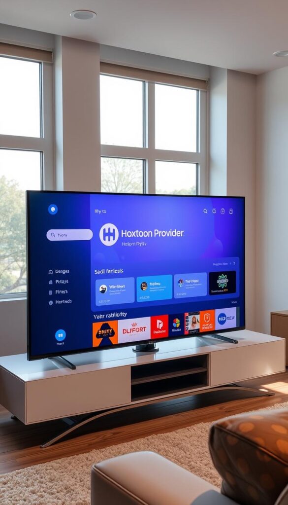 A Samsung TV displaying the Hoxtoon IPTV app, showcasing its clean and intuitive interface. The screen features a prominent Hoxtoon Provider logo, alongside reviews and ratings from satisfied users. The TV is positioned in a well-lit, modern living room setting, with subtle natural lighting filtering through large windows, creating a warm and inviting atmosphere. The scene conveys a sense of ease and confidence in the app's performance and user experience.