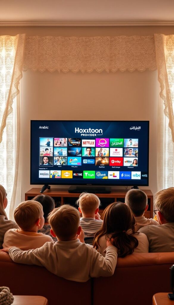 A bustling European living room filled with Arabic-speaking families gathered around a state-of-the-art smart TV, displaying the Hoxtoon Provider logo. Soft, warm lighting filters through lace curtains, creating a cozy, inviting atmosphere. The TV screen showcases a diverse array of Arabic entertainment options, reflecting the growing demand for culturally-relevant content among European households. In the foreground, a group of children excitedly discuss their favorite programs, while their parents recline comfortably, immersed in the familiar sights and sounds of their heritage. The scene conveys a sense of cultural integration and the seamless integration of Arabic IPTV services into the fabric of European domestic life.