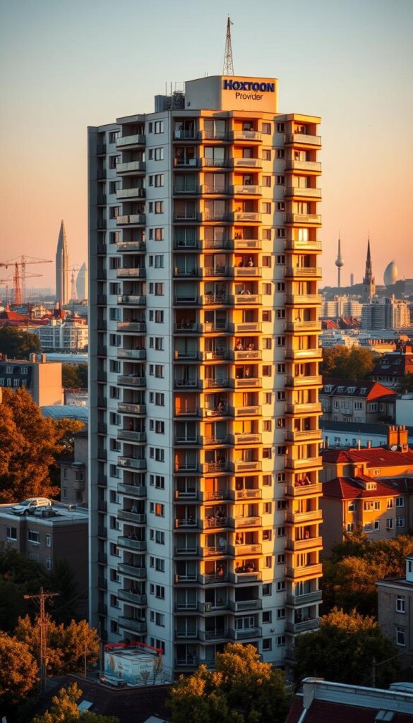 A bustling German cityscape, bathed in a warm, golden glow of evening light. In the foreground, a modern apartment building stands tall, its facade adorned with the prominent logo of "Hoxtoon Provider", a leading IPTV service in the region. Residents can be seen through the windows, enjoying the convenience and entertainment of Hoxtoon's diverse channel offerings. In the middle ground, a network of satellite dishes and antennas dot the rooftops, reflecting the widespread adoption of IPTV technology across the city. In the background, the iconic landmarks of Germany's thriving metropolis rise up, hinting at the country's growing embrace of this innovative media delivery platform.