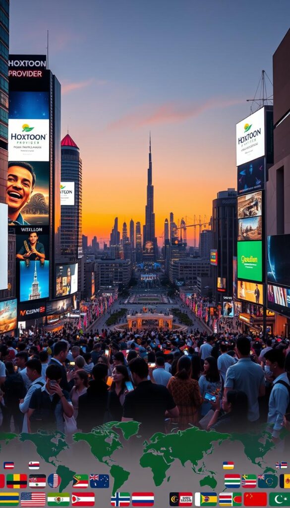A bustling cityscape at dusk, with towering skyscrapers and neon-lit billboards showcasing the Hoxtoon Provider brand. In the foreground, a diverse array of people from around the world gather, their faces illuminated by the glow of their smartphones as they navigate a myriad of international channels and content. The middle ground features a vibrant mosaic of global flags, symbolizing the cultural richness and connectivity that international channels bring to the residents of Dubai. In the background, a panoramic view of the city's iconic landmarks, bathed in a warm, golden light, create a sense of cosmopolitan elegance and sophistication.